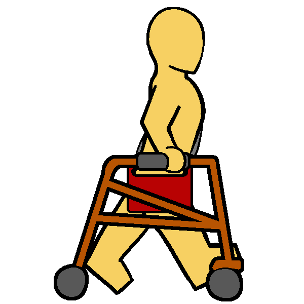 A yellow thin person with an orange posterior walker and a red AAC device on a shoulder strap walking